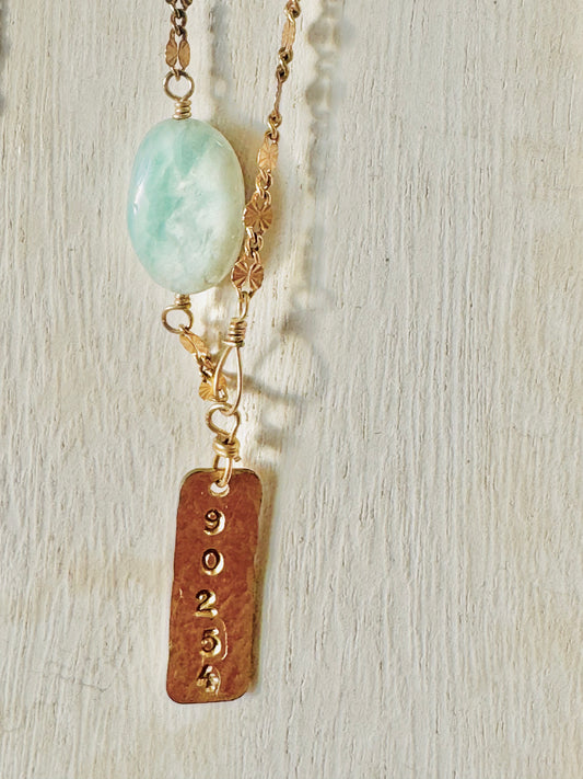 Custom Zip Code Necklace "90254" with Larimar Stone