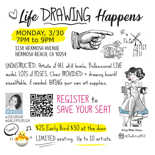 Promotional flyer for a life drawing event at The Artist Mill with details and graphics.